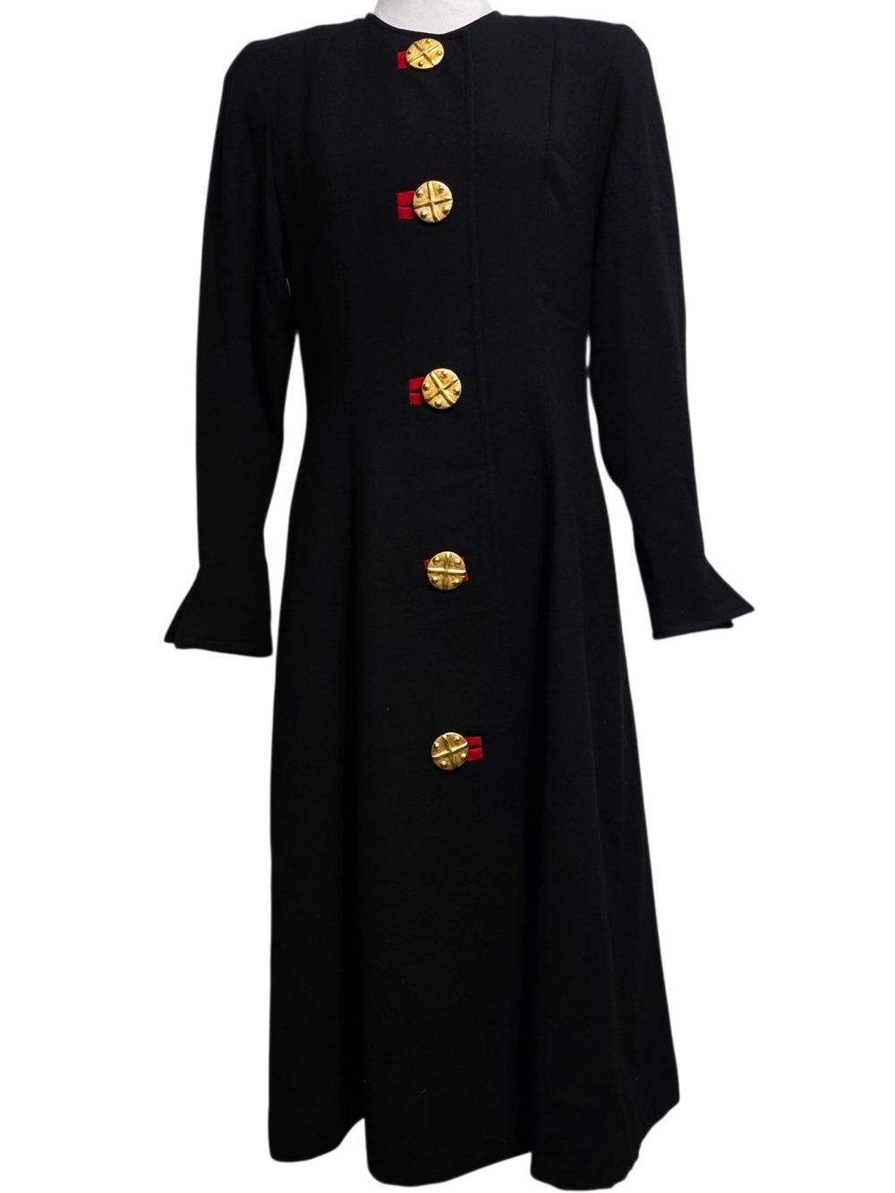 Vintage Howard Wolf Black Wool Coat Dress Gold Button Midi Fit & Flare USA Sz 8
